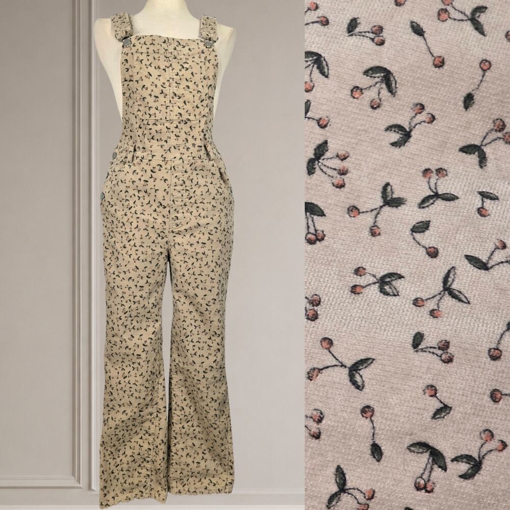 Cherry Print Overalls Wide Leg Cottagecore Beige Dungarees Small
